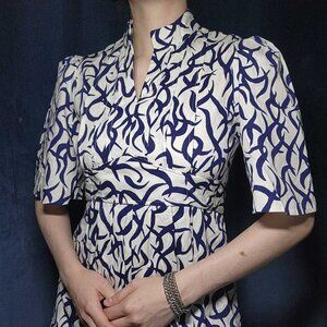 Vintage 60s navy blue and white empire waist babydoll maxi column dress